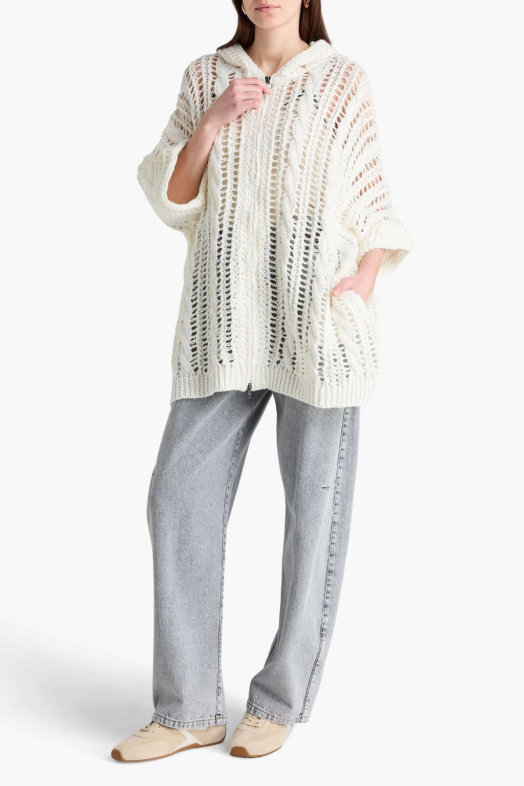BRUNELLO CUCINELLI Bead-embellished open-knit jute-blend hooded