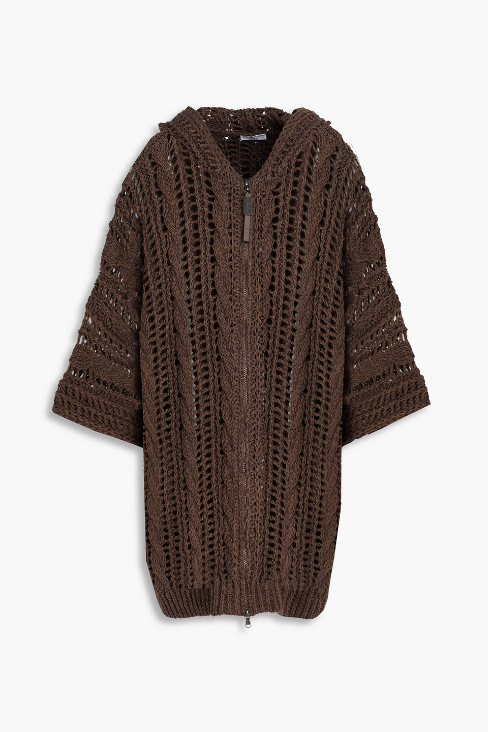Brunello Cucinelli Bead-embellished Open-knit Jute-blend Hooded Cardigan In Brown
