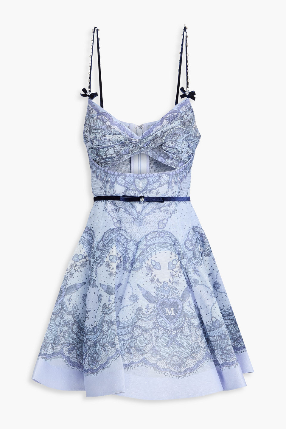 Zimmermann Embellished Cutout Printed Linen And Silk-blend Mini Dress In Blue
