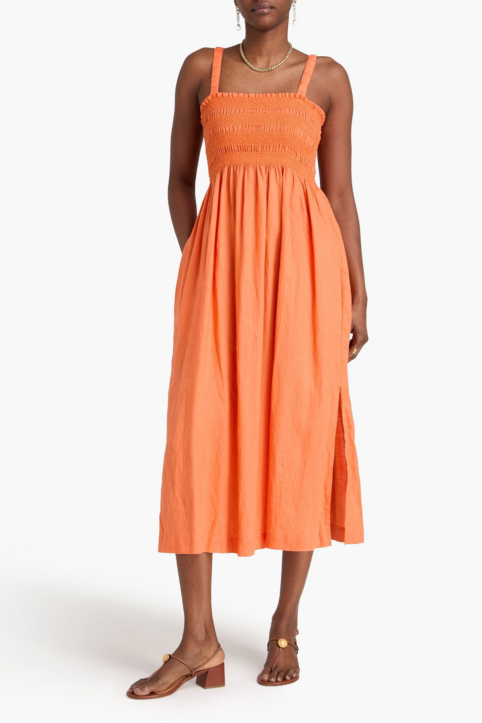  Heidi Klein - Midikleid Aus Leinen Mit Raffung - Orange - M 