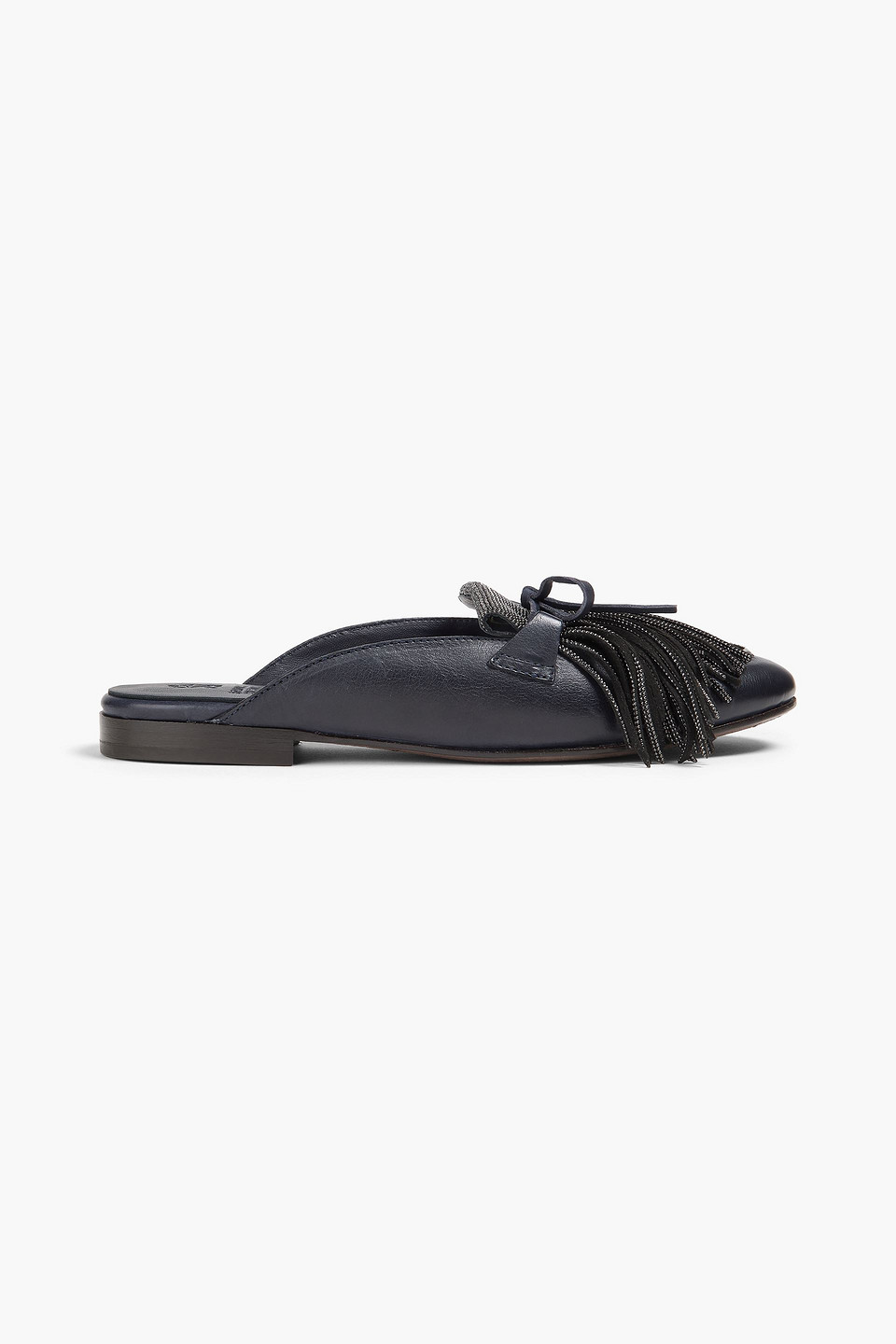 Brunello Cucinelli Bead-embellished Fringed Leather Slippers In Black