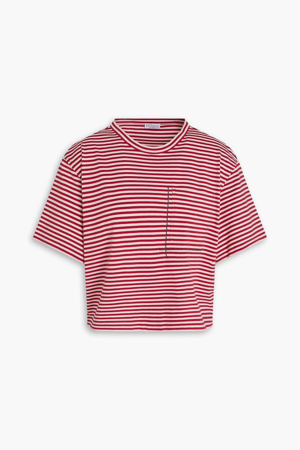 Brunello Cucinelli Bead-embellished Striped Cotton-jersey T-shirt In Red