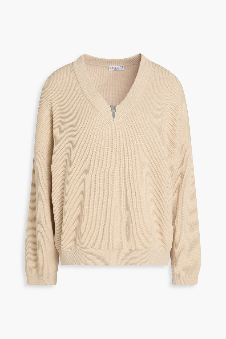 Brunello Cucinelli Bead-embellished Ribbed Cotton Sweater In Brown