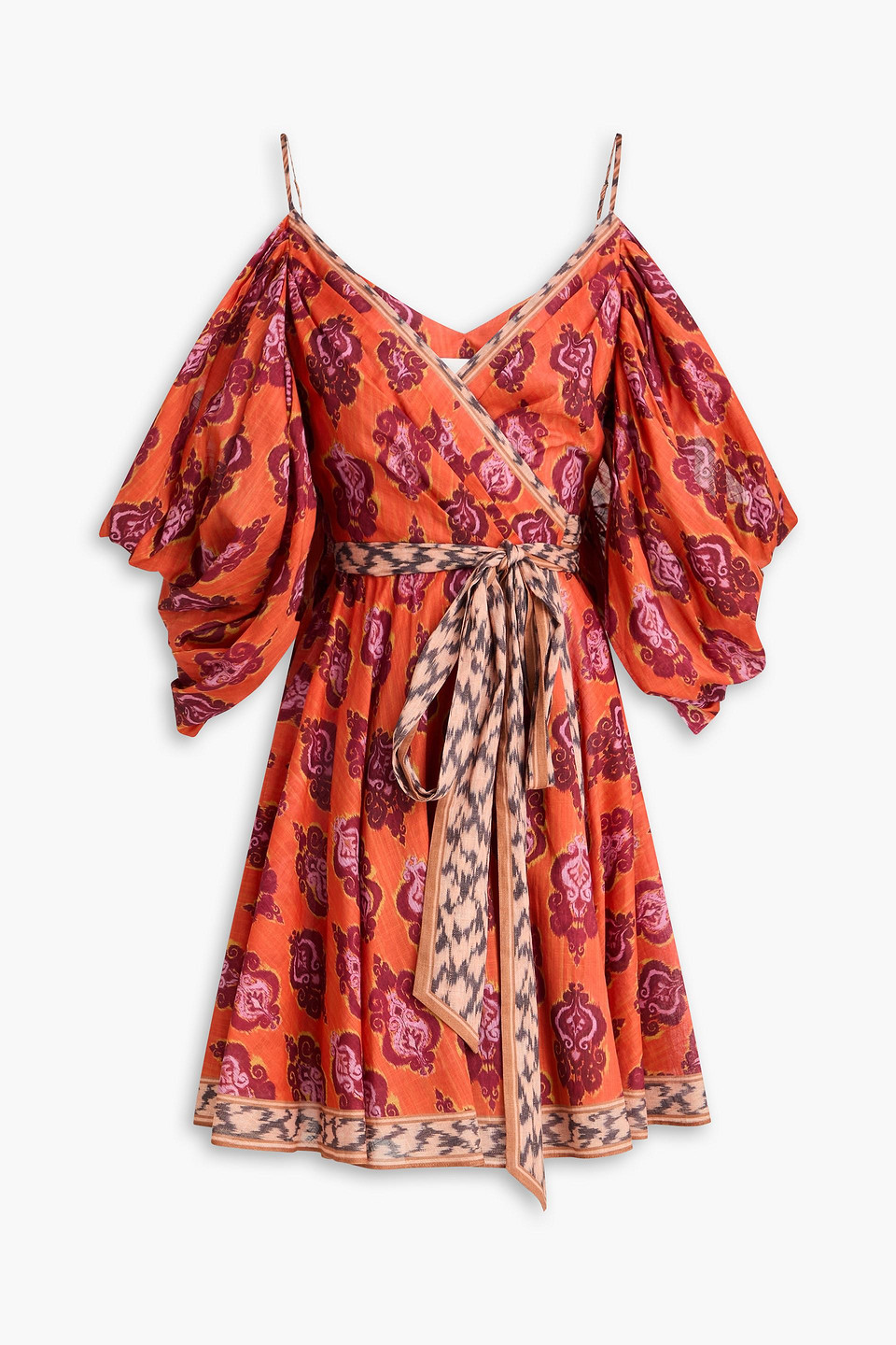 zimmermann - cold-shoulder printed cotton-gauze mini wrap dress - orange - 00