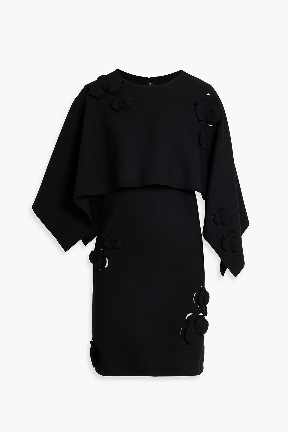 Oscar De La Renta Cape-effect Floral-appliquéd Wool-blend Mini Dress In Black
