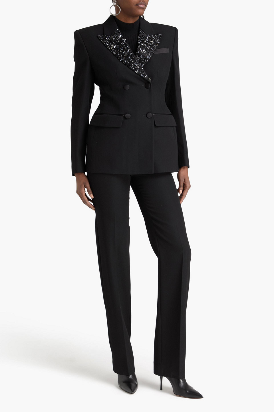  Versace - Doppelreihiger Blazer Aus Grain De Poudre Aus Wolle Mit Satinbesatz Und Verzierung - Schwarz - It 36 