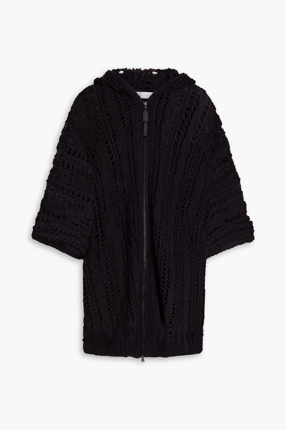 Brunello Cucinelli Bead-embellished Open-knit Jute-blend Hooded Cardigan In Black