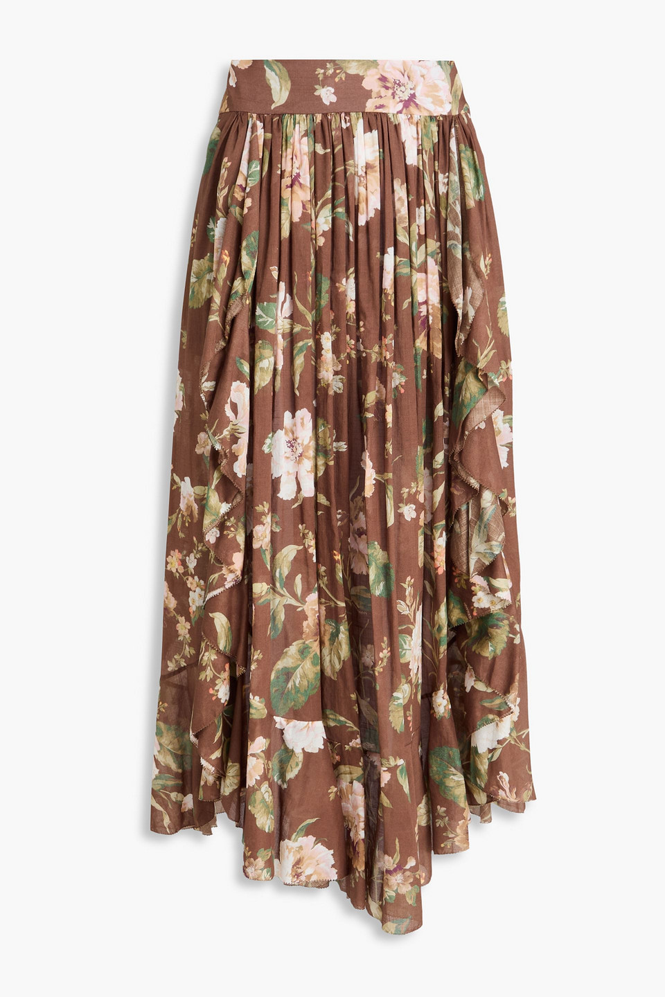 Zimmermann Ruffled Floral-print Cotton Midi Skirt In Brown