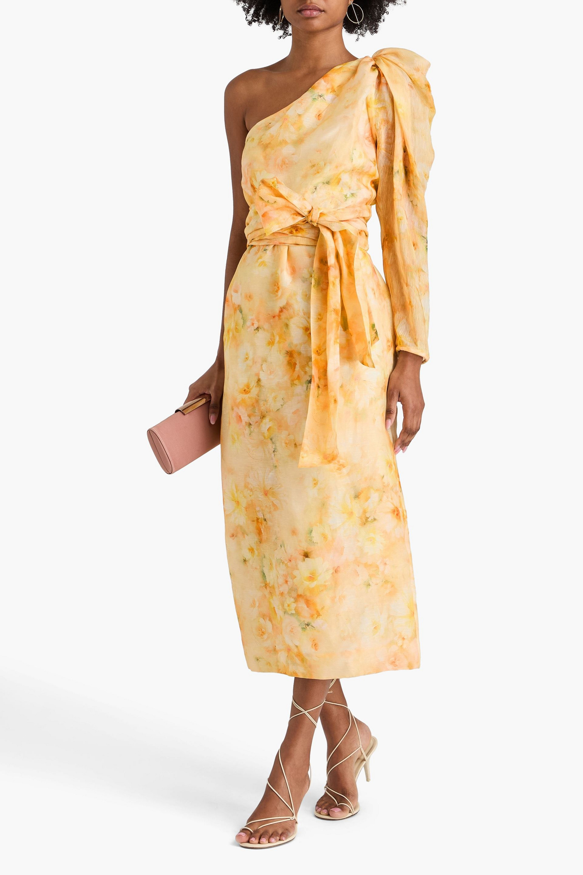 Zimmermann One-shoulder floral-print linen and silk-blend gauze midi dress