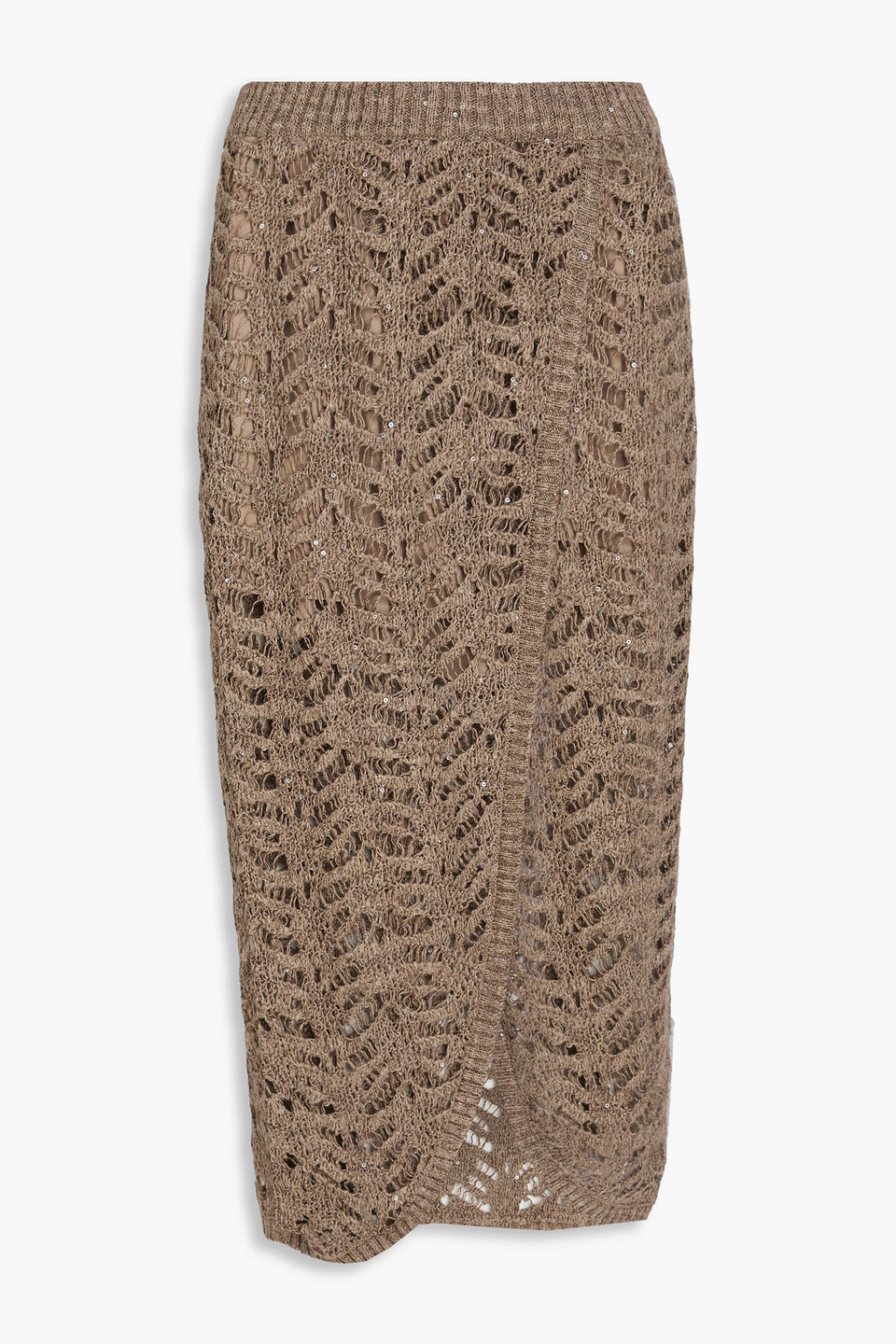 Brunello Cucinelli Wrap-effect Sequin-embellished Linen-blend Midi Skirt In Brown