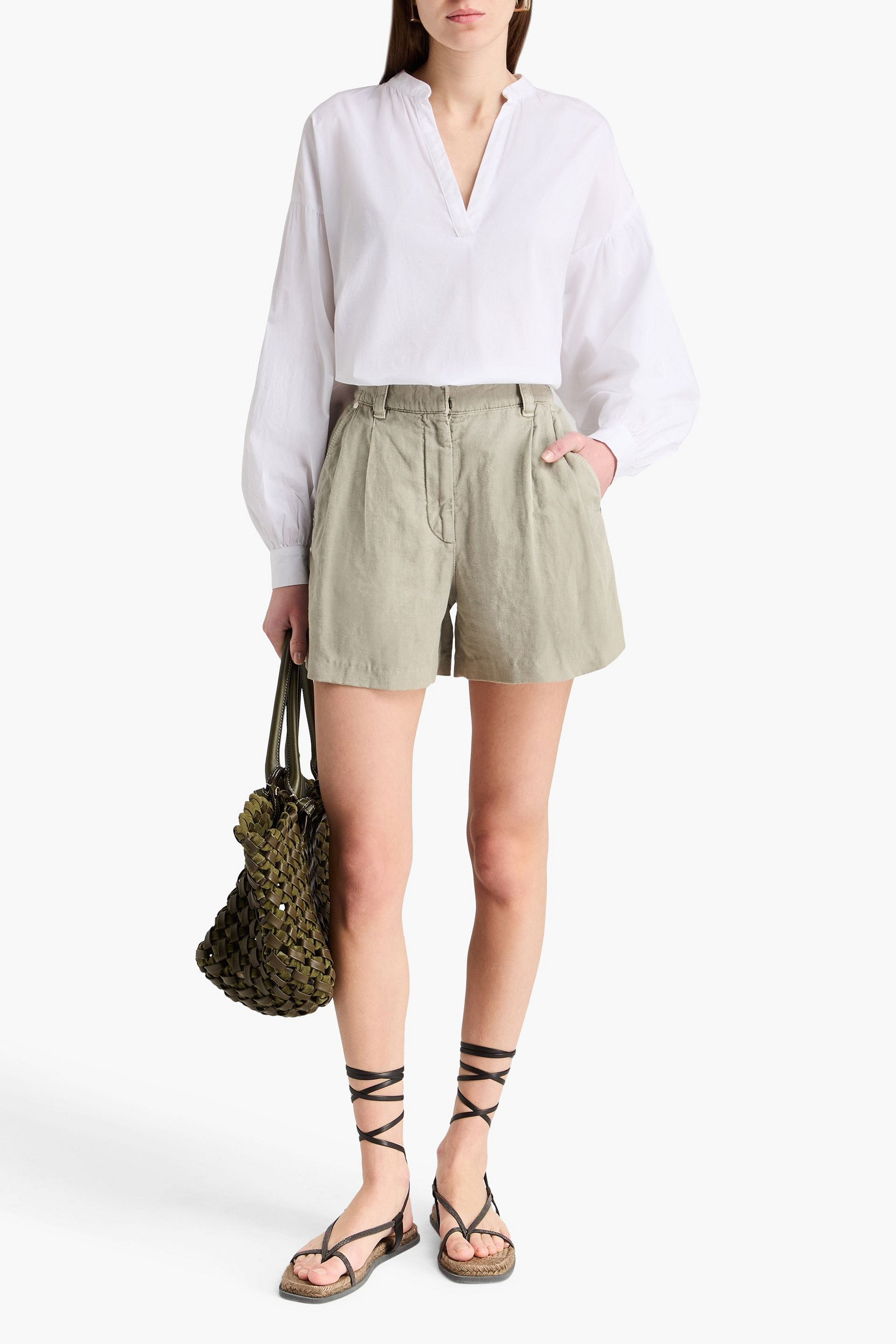 Brunello Cucinelli Pleated cotton and linen-blend shorts