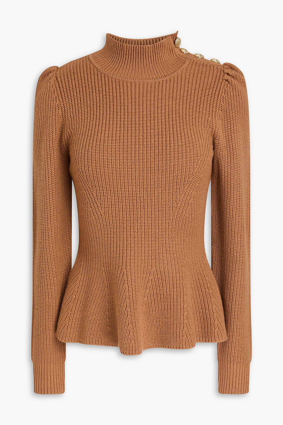 Zimmermann Ribbed Wool Peplum Mock-neck Sweater In Brown