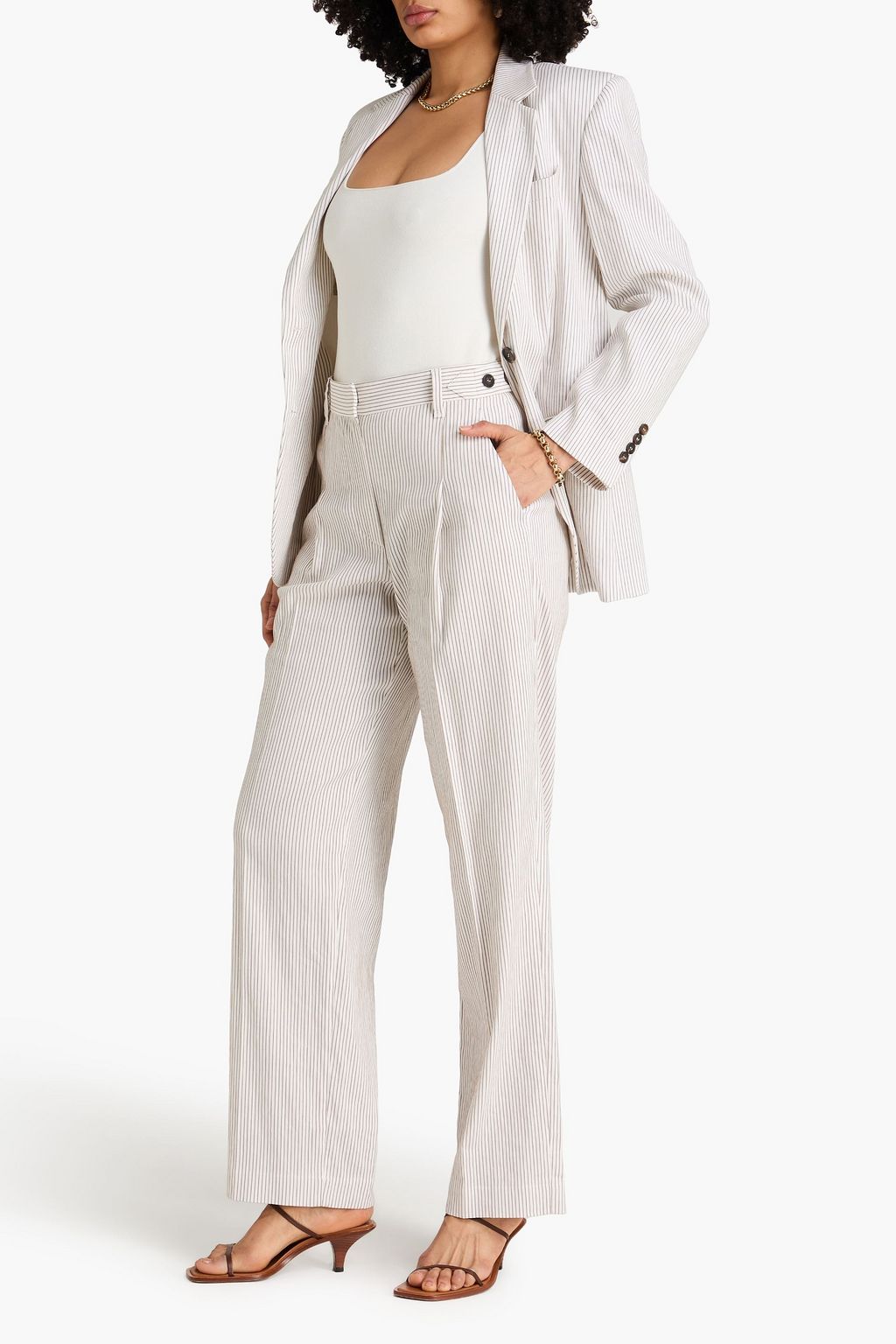 BRUNELLO CUCINELLI リネン混 ストレートレッグパンツ ストライプ