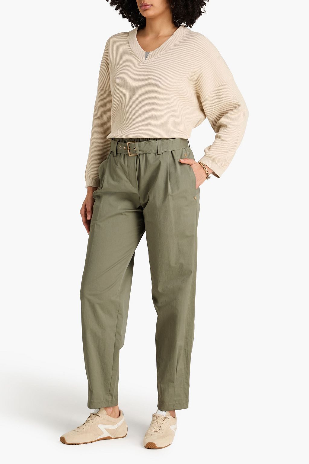 BRUNELLO CUCINELLI Belted stretch-cotton twill tapered pants | THE
