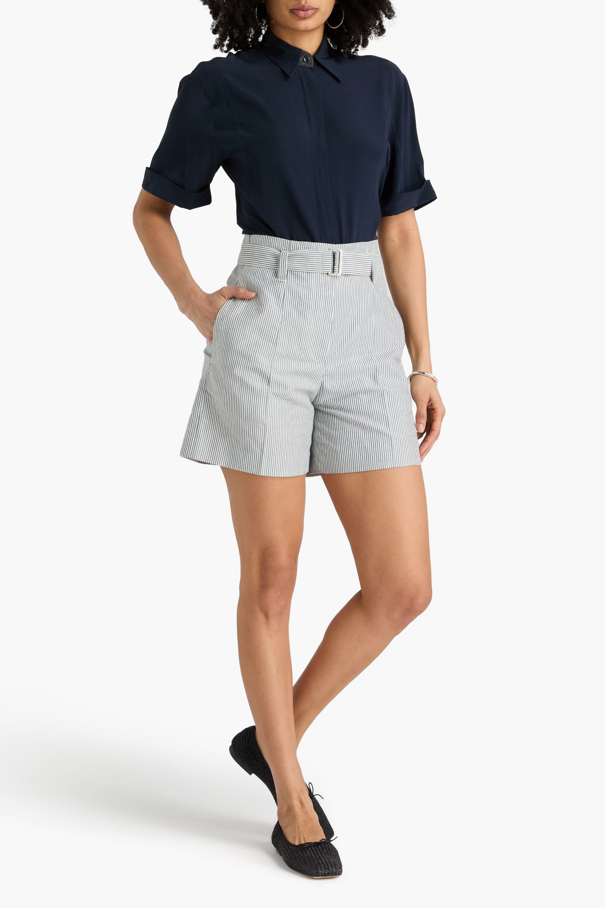 Brunello Cucinelli Striped cotton and linen-blend twill shorts