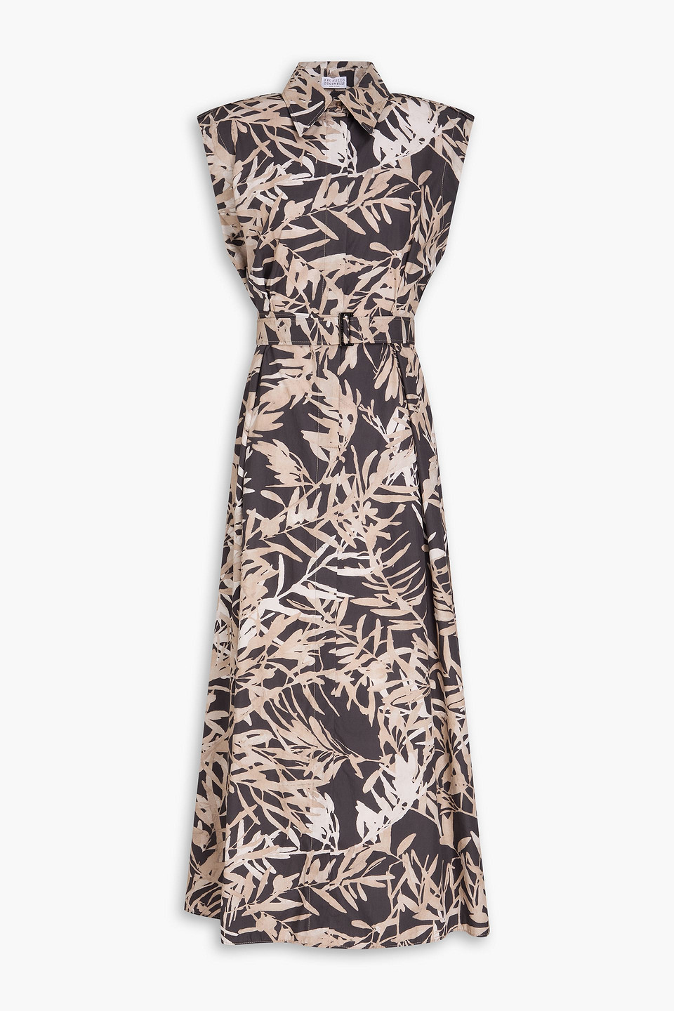 brunello cucinelli - belted printed cotton-poplin midi shirt dress - brown - xs