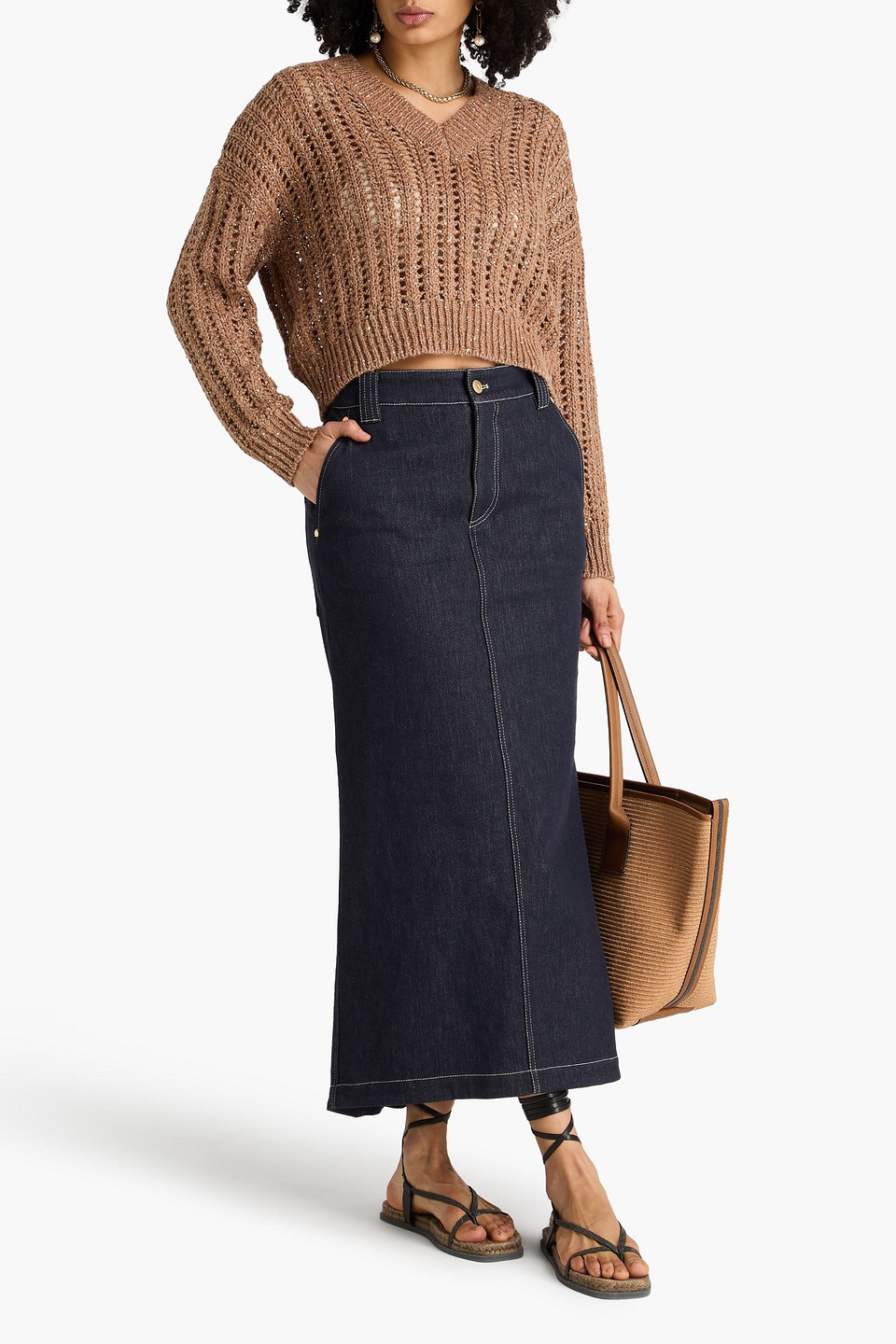  Brunello Cucinelli - Maxirock Aus Denim Mit Zierperlen - Blau - It 36 