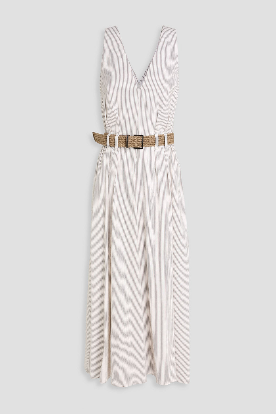 Brunello Cucinelli Belted Pinstriped Linen-blend Midi Dress In White