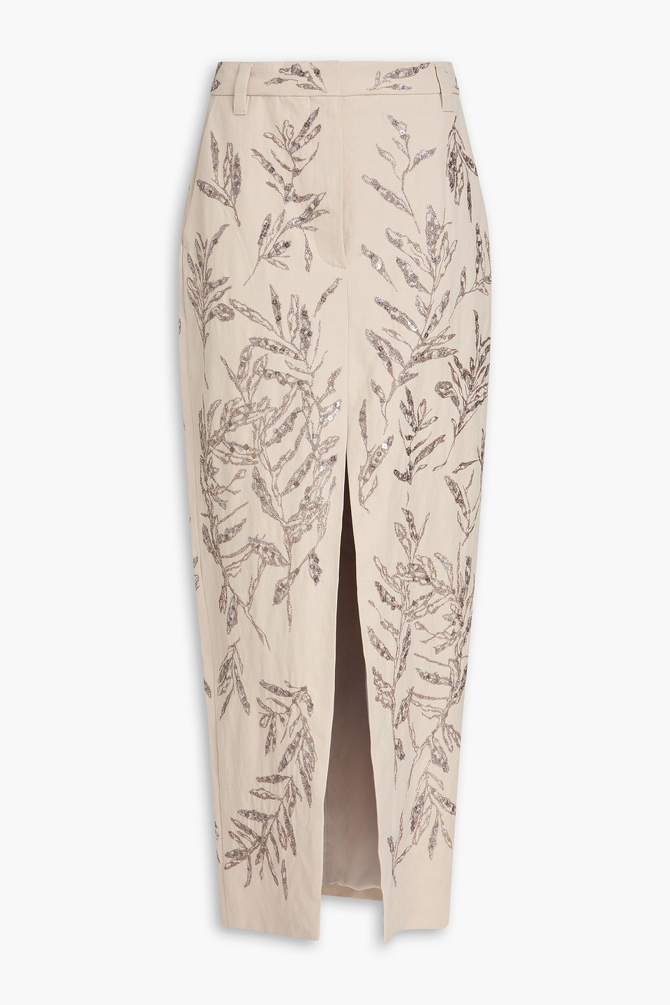 Brunello Cucinelli Embroidered Cotton And Linen-blend Canvas Pencil Maxi Skirt In Neutral