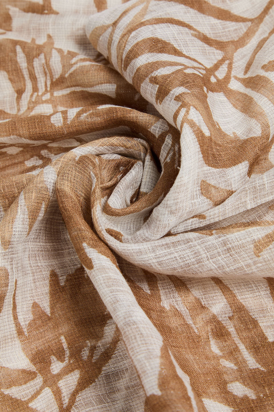  Brunello Cucinelli - Bedruckter Schal Aus Gaze Aus Einer Leinenmischung Mit Metallic-effekt Und Fransen - Braun - Onesize 
