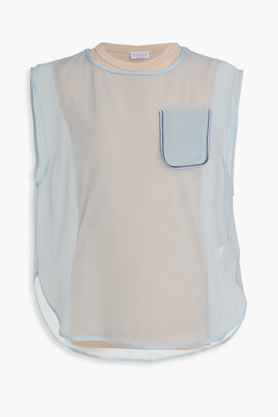 brunello cucinelli - bead-embellished layered silk-organza and cotton-blend jersey top - blue - m