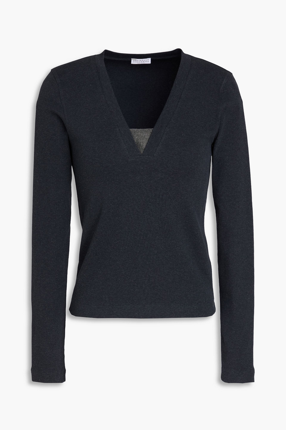 Brunello Cucinelli Bead-embellished Stretch-cotton Jersey Top In Blue