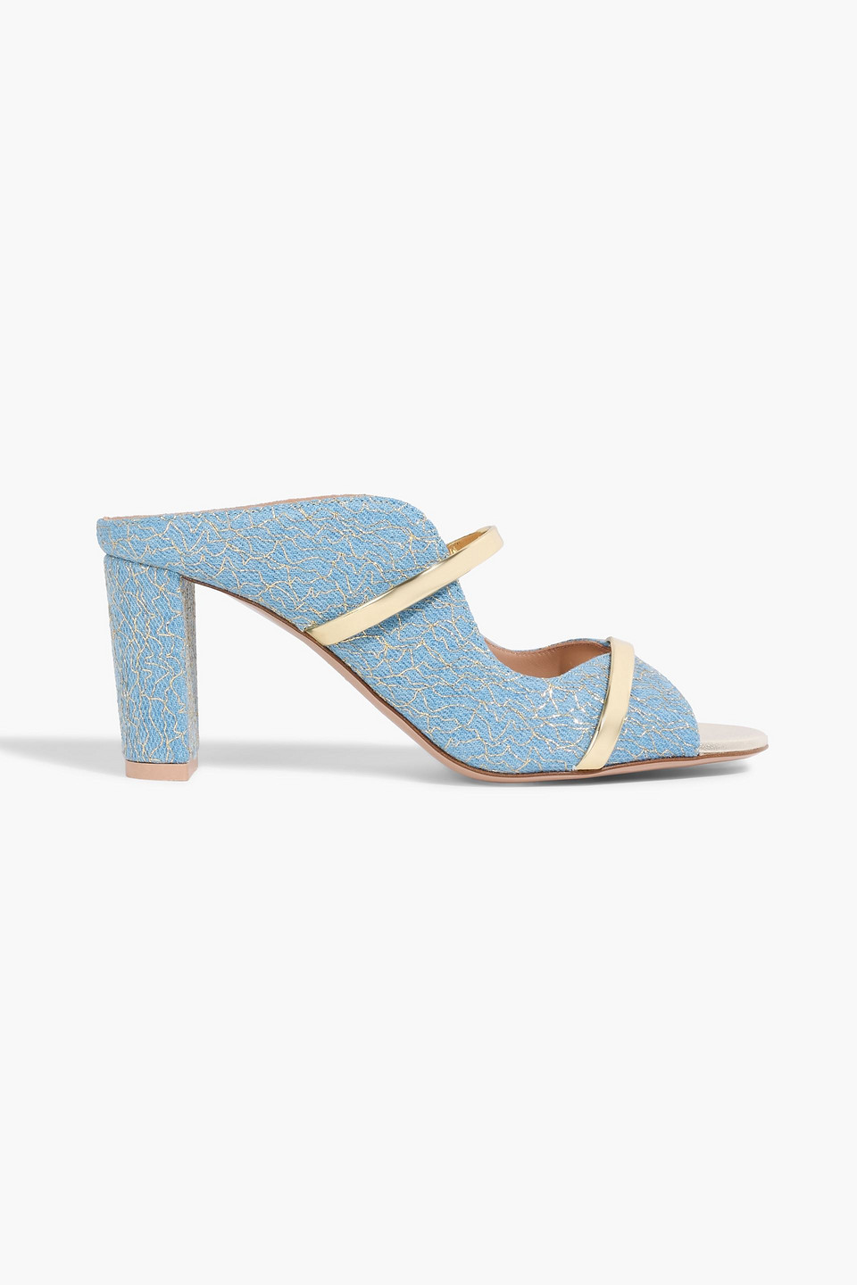Malone Souliers Norah Metallic Embroidered Denim Mules In Blue