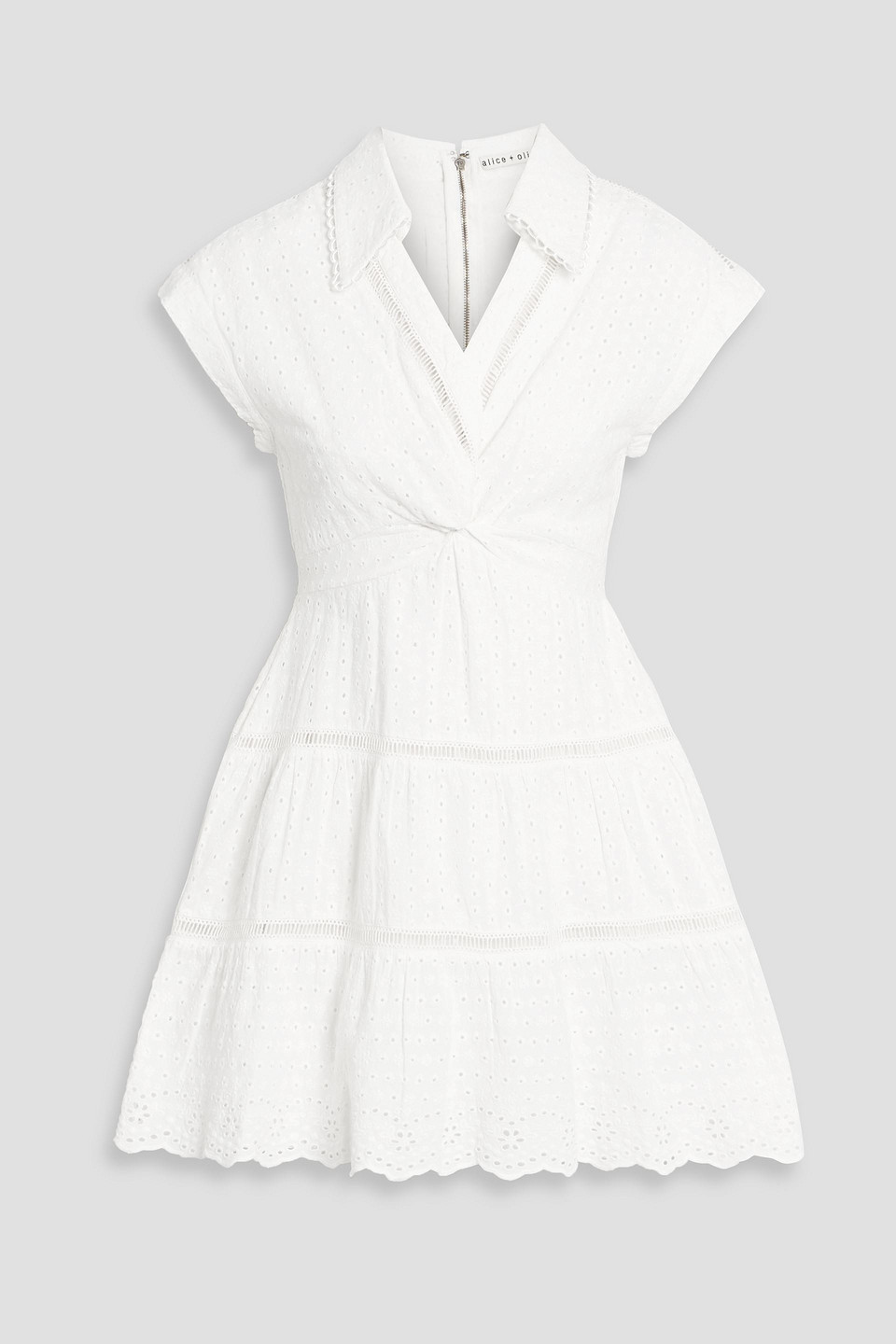 alice olivia - mila broderie anglaise cotton and linen-blend mini dress - white - us 0