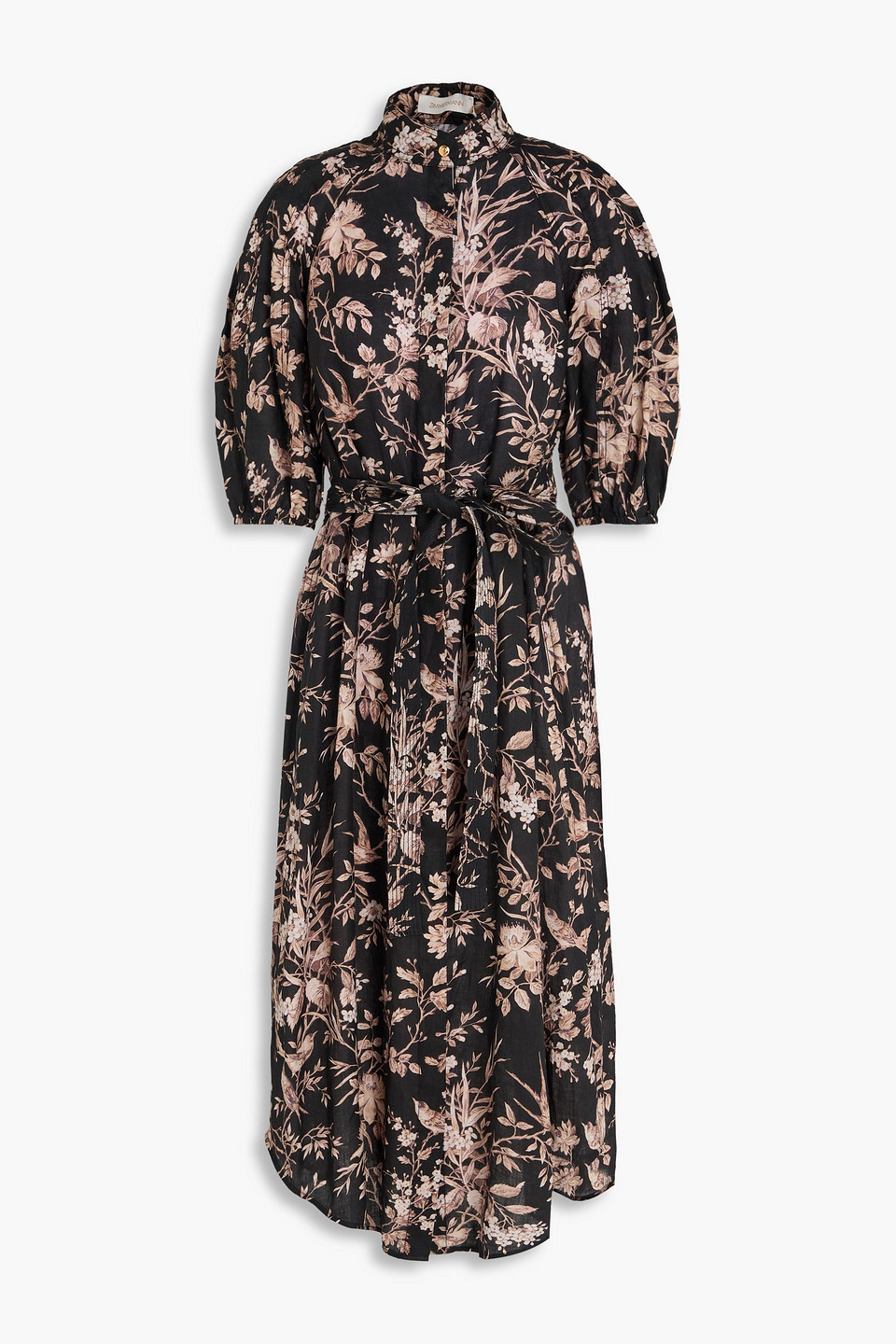 Zimmermann Belted Floral-print Linen Midi Shirt Dress In Black