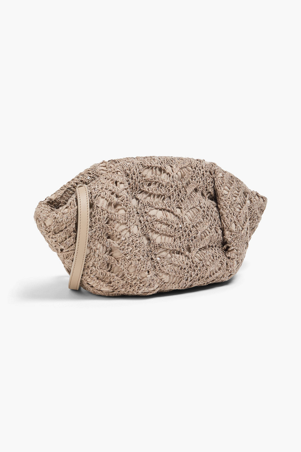  Brunello Cucinelli - Sequin-embellished Leather And Crocheted Linen-blend Clutch - Neutral - Onesize 