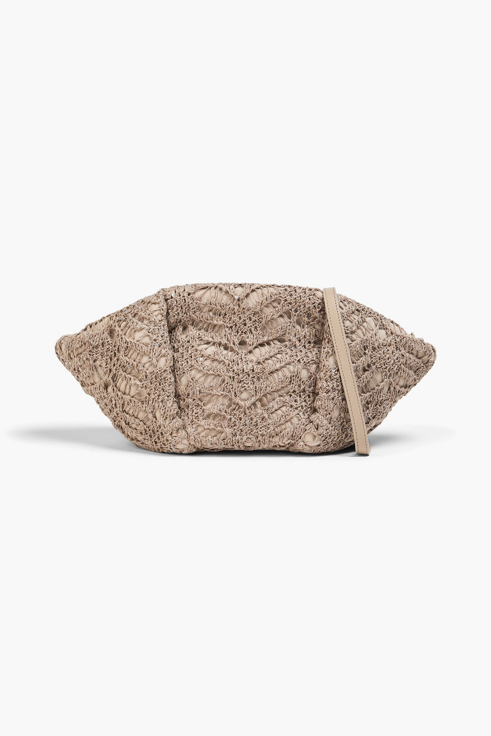 Brunello Cucinelli Sequin-embellished Leather And Crochet-knit Clutch In Brown