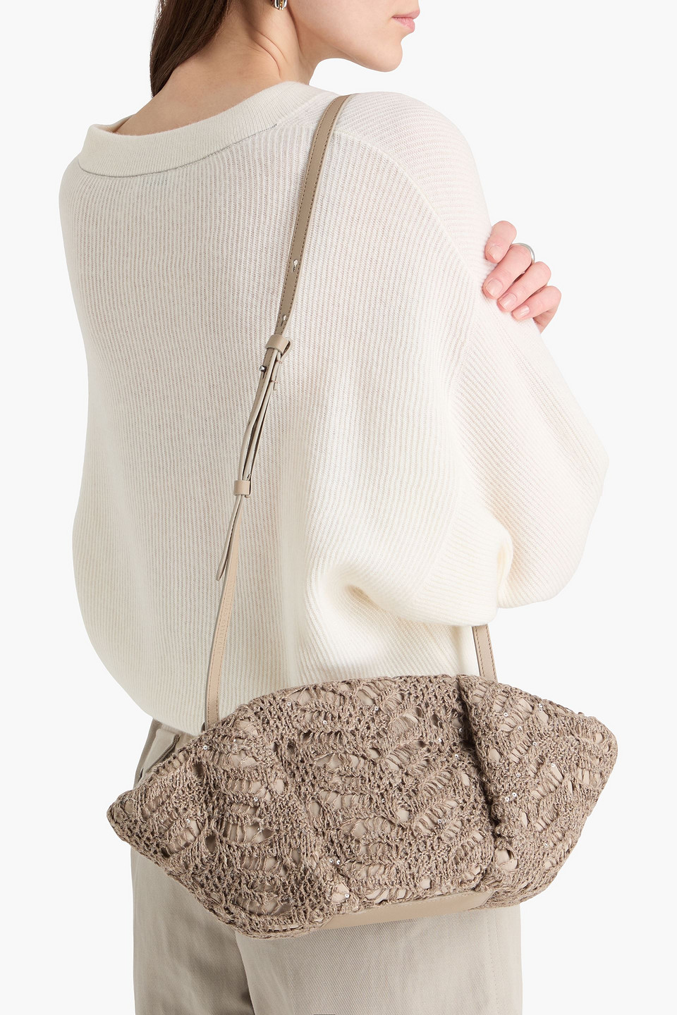  Brunello Cucinelli - Sequin-embellished Leather And Crocheted Linen-blend Clutch - Neutral - Onesize 