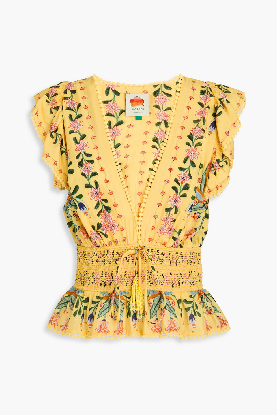 farm rio - ruffled floral-print cotton-blend blouse - yellow - l
