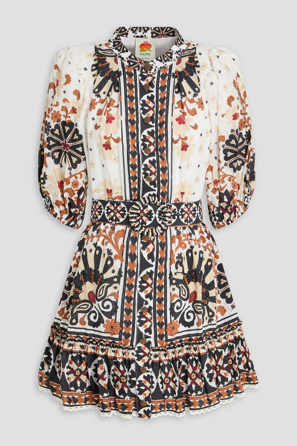 farm rio - belted floral-print cotton-blend mini dress - white - s