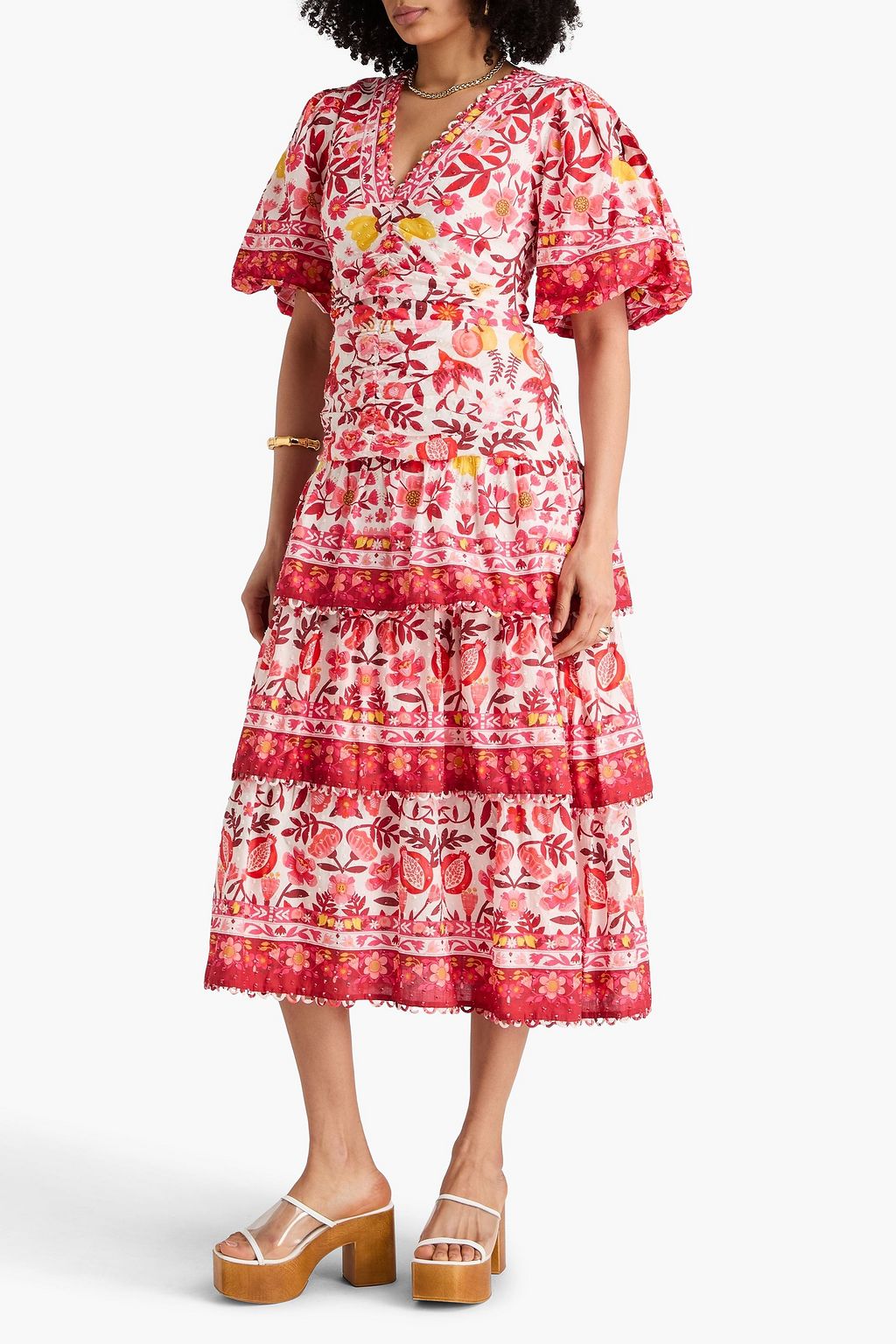FARM RIO Tiered floral-print Swiss-dot cotton midi dress | THE OUTNET
