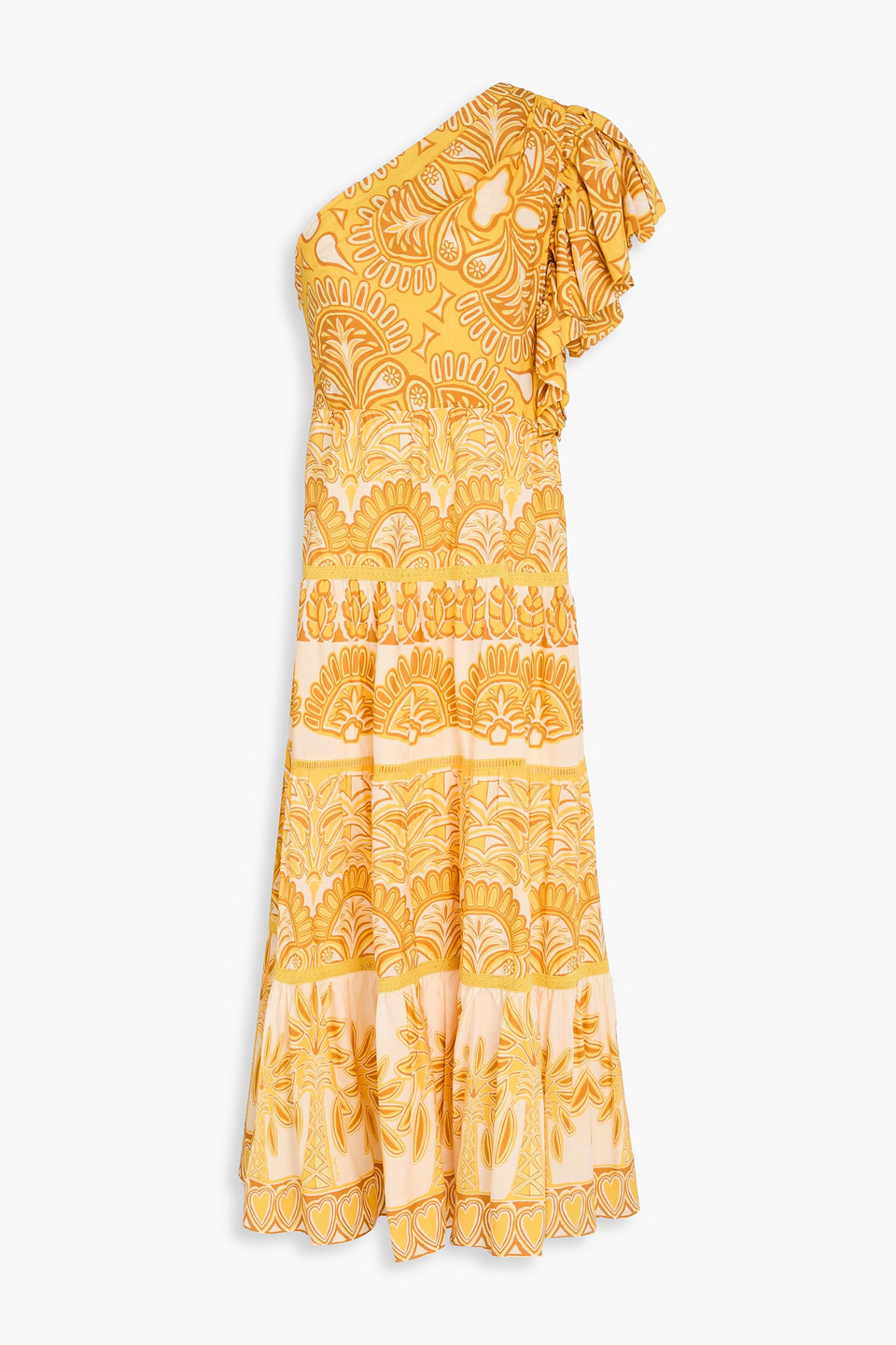 farm rio - one-shoulder ruffled printed tencel™ and cotton-blend midi dress - yellow - s