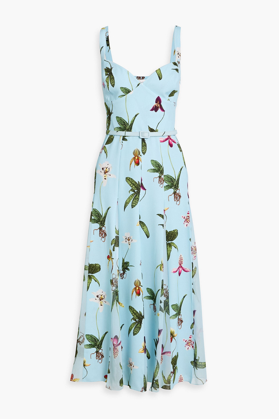 oscar de la renta - pleated floral-print crepe and chiffon midi dress - blue - us 14