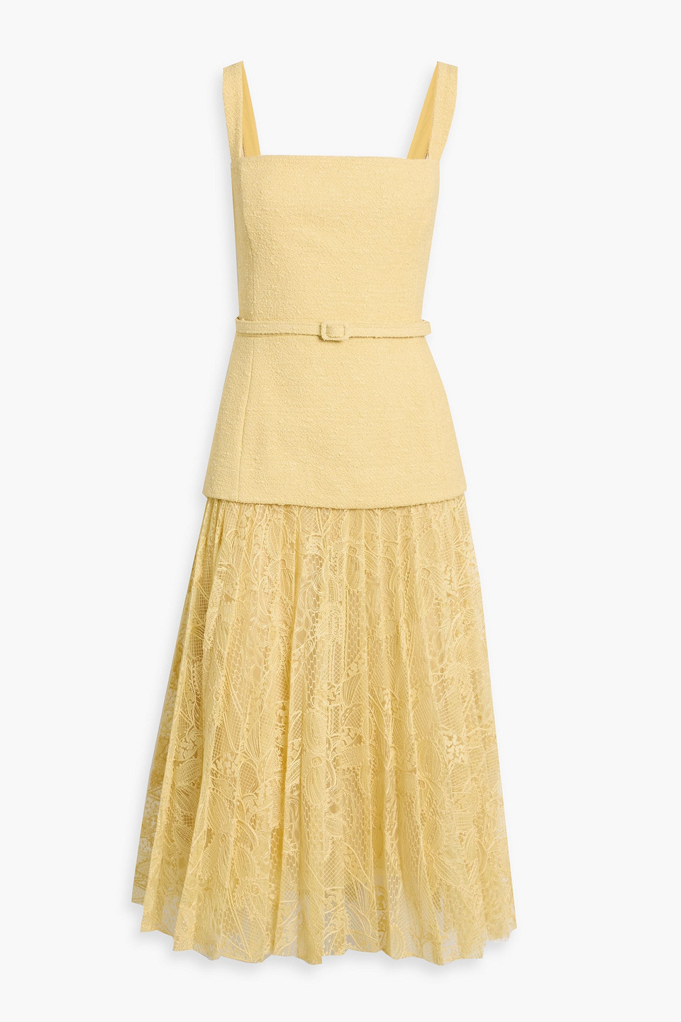 oscar de la renta - layered pleated lace and cotton-blend bouclé midi dress - yellow - us 12