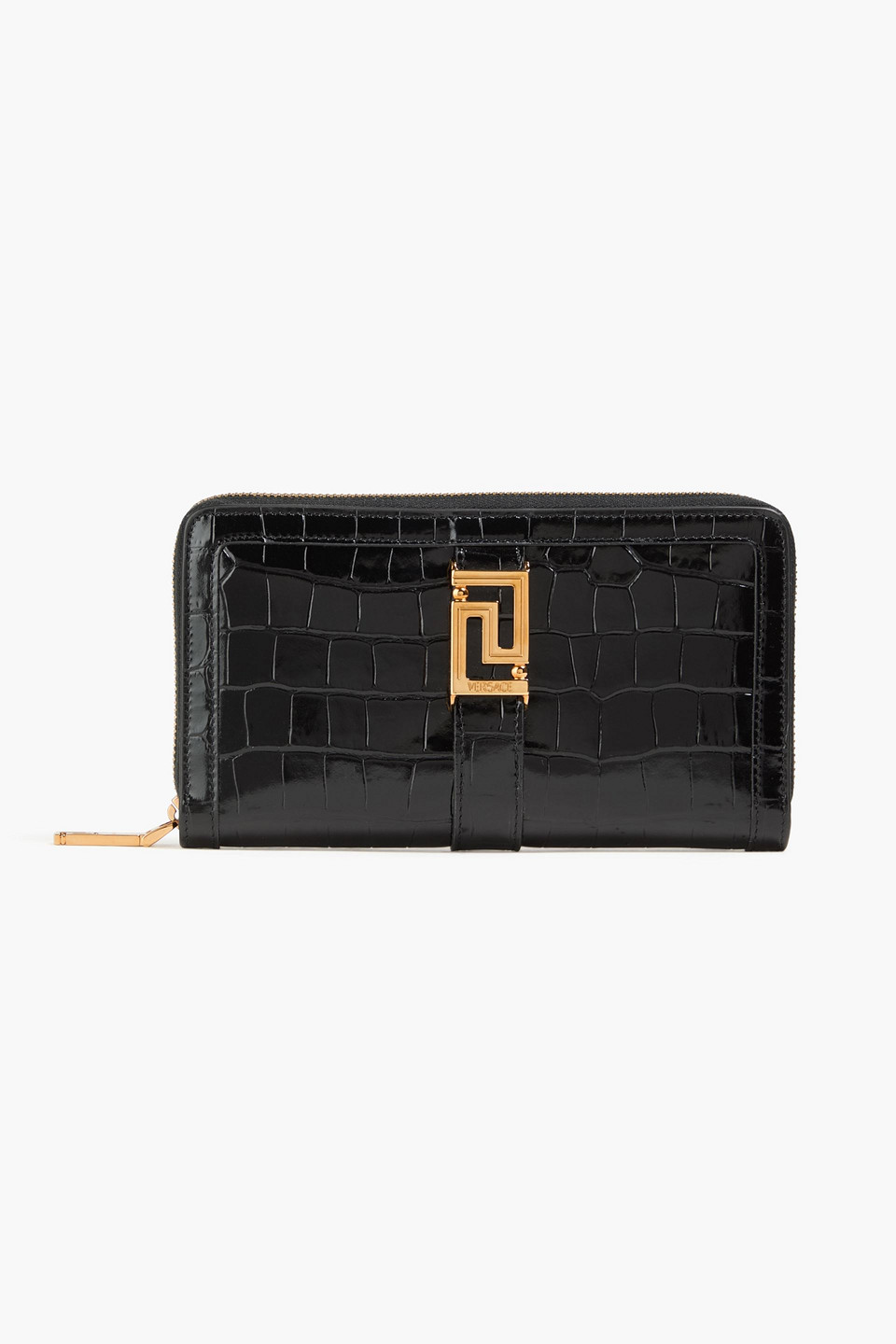 Versace Greca Goddess Croc-effect Leather Continental Wallet In Black