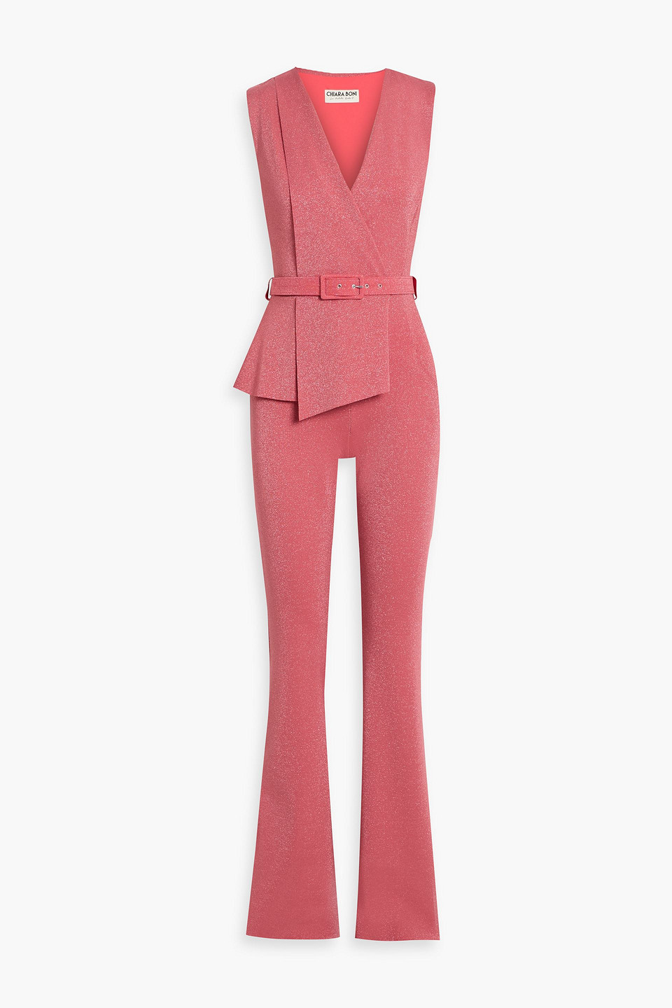 Chiara Boni La Petite Robe Kerolyn Belted Metallic Stretch-knit Jumpsuit In Orange