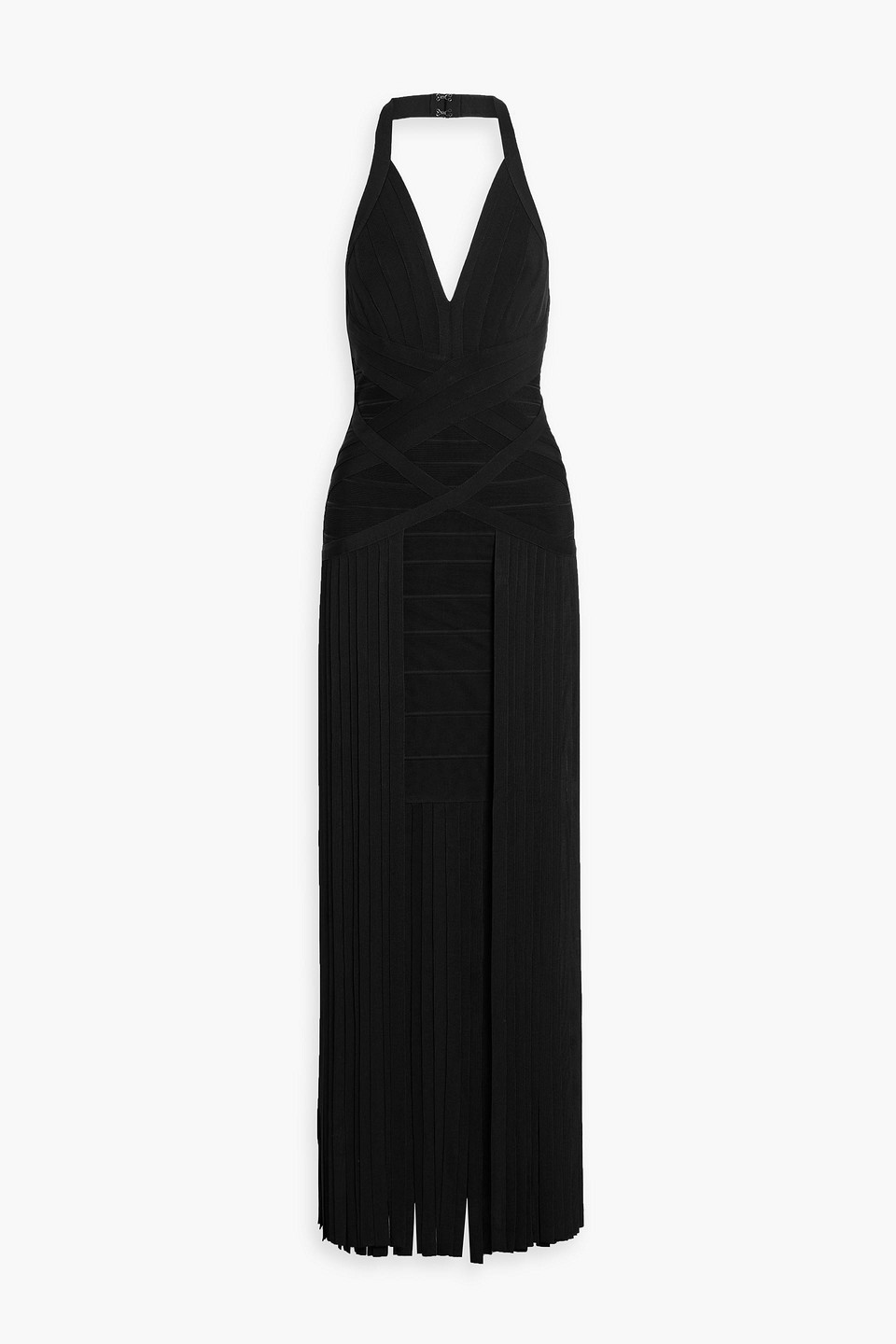 Herve Leger Scarlet Fringed Bandage Halterneck Gown In Black