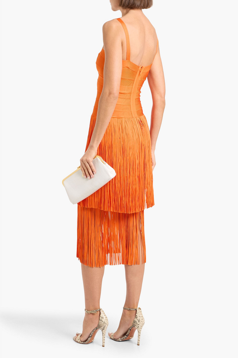  Hervé Léger - Midikleid Aus Bandage Mit Fransen - Orange - Xxs 