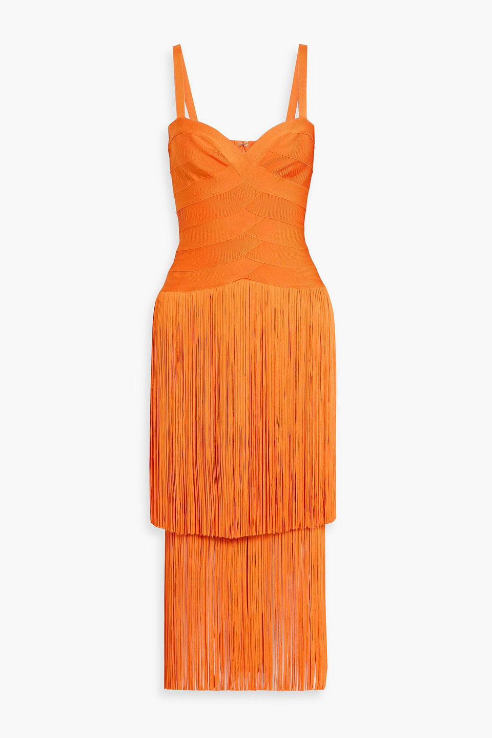 Herve Leger Georgia Fringed Bandage Midi Dress In Orange