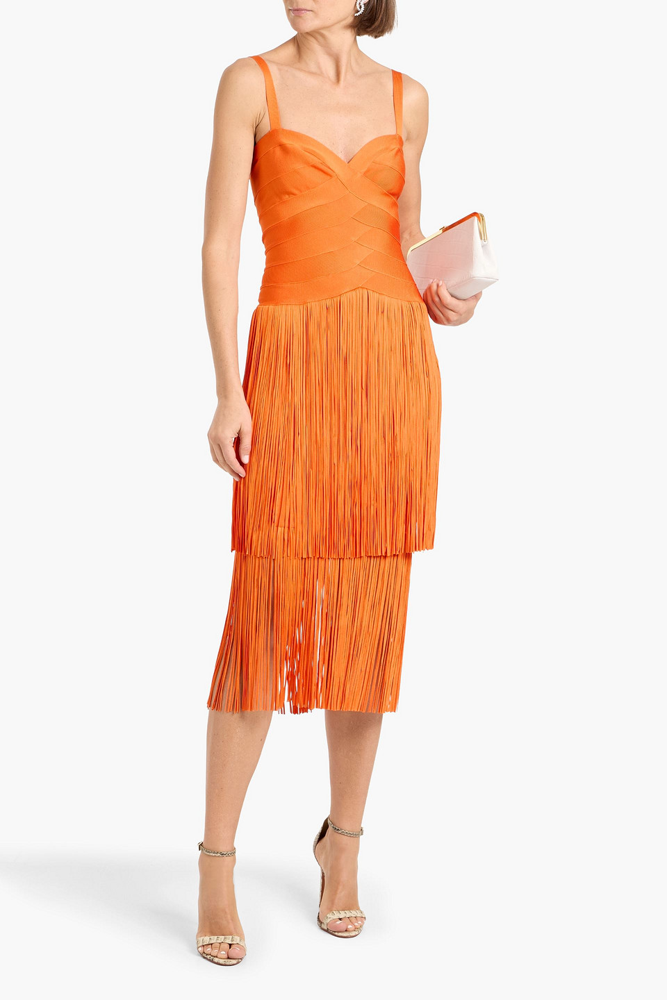  Hervé Léger - Midikleid Aus Bandage Mit Fransen - Orange - Xxs 