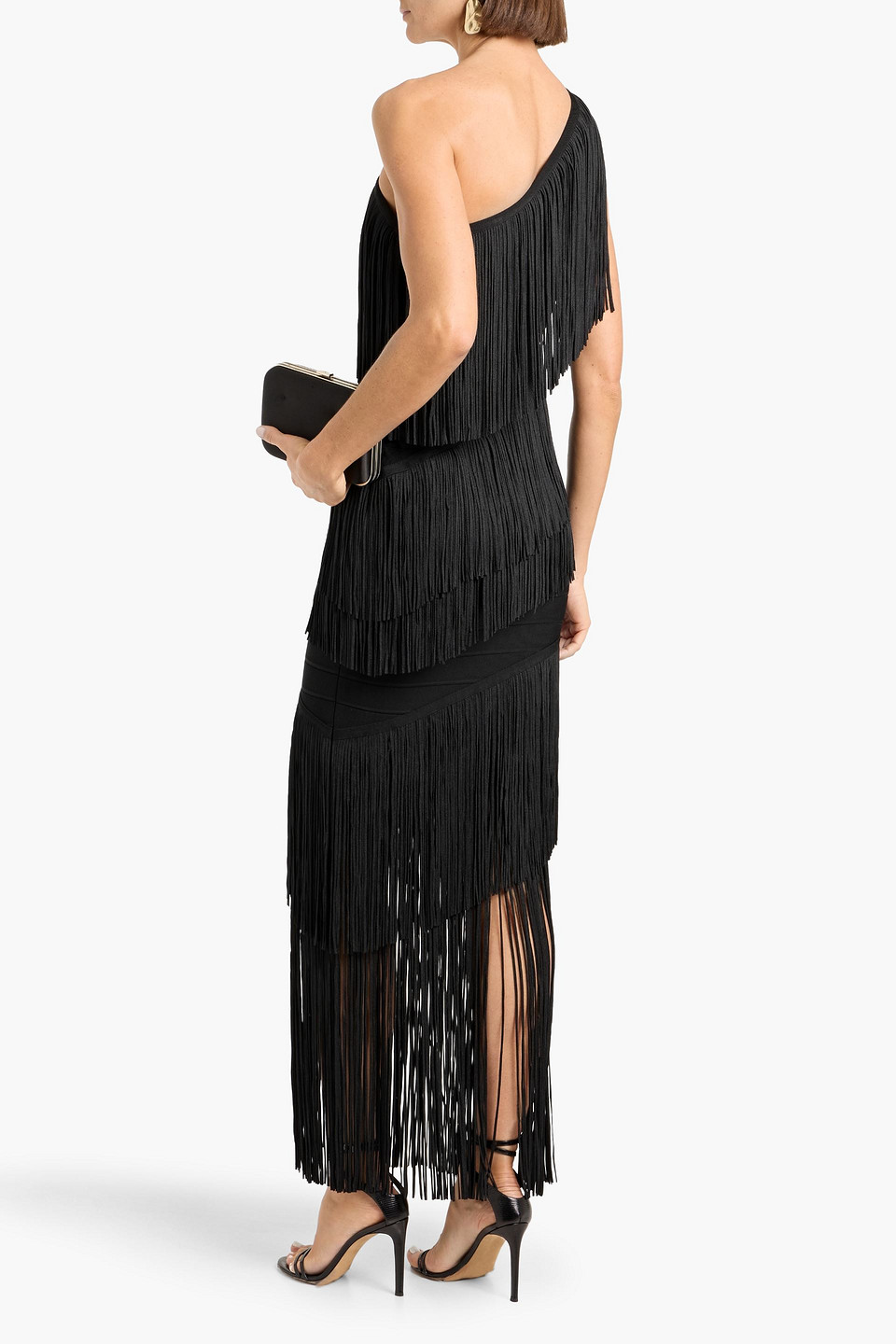  Hervé Léger - Robe „eleanor“ Aus Bandage Mit Fransen Und Asymmetrischer Schulterpartie - Schwarz - Xxs 
