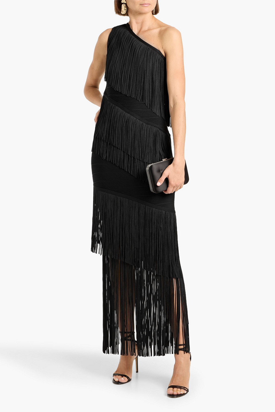  Hervé Léger - Robe „eleanor“ Aus Bandage Mit Fransen Und Asymmetrischer Schulterpartie - Schwarz - Xxs 