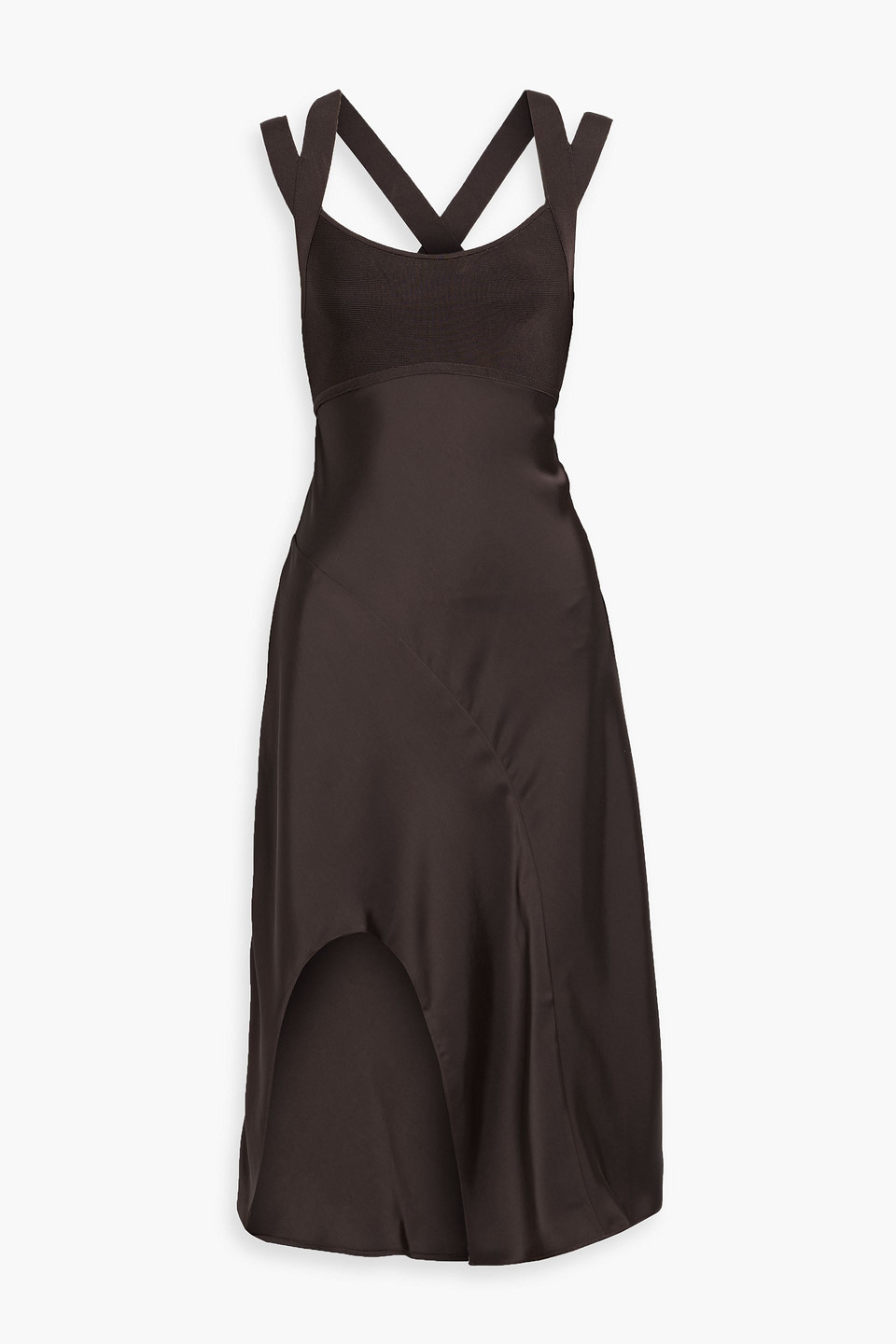 Herve Leger Elodie Bandage-paneled Satin Midi Dress In Brown