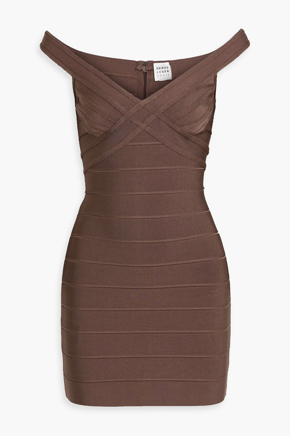 hervé léger - rachel off-the-shoulder bandage mini dress - brown - l