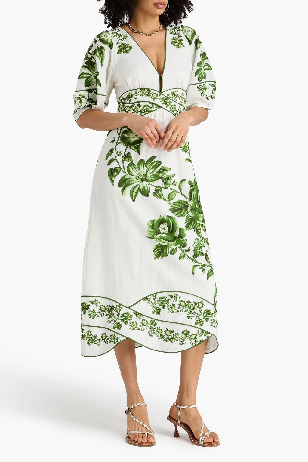 farm rio piped cutout linen-blend midi dress FARM RIO Floral-print linen-blend midi dress