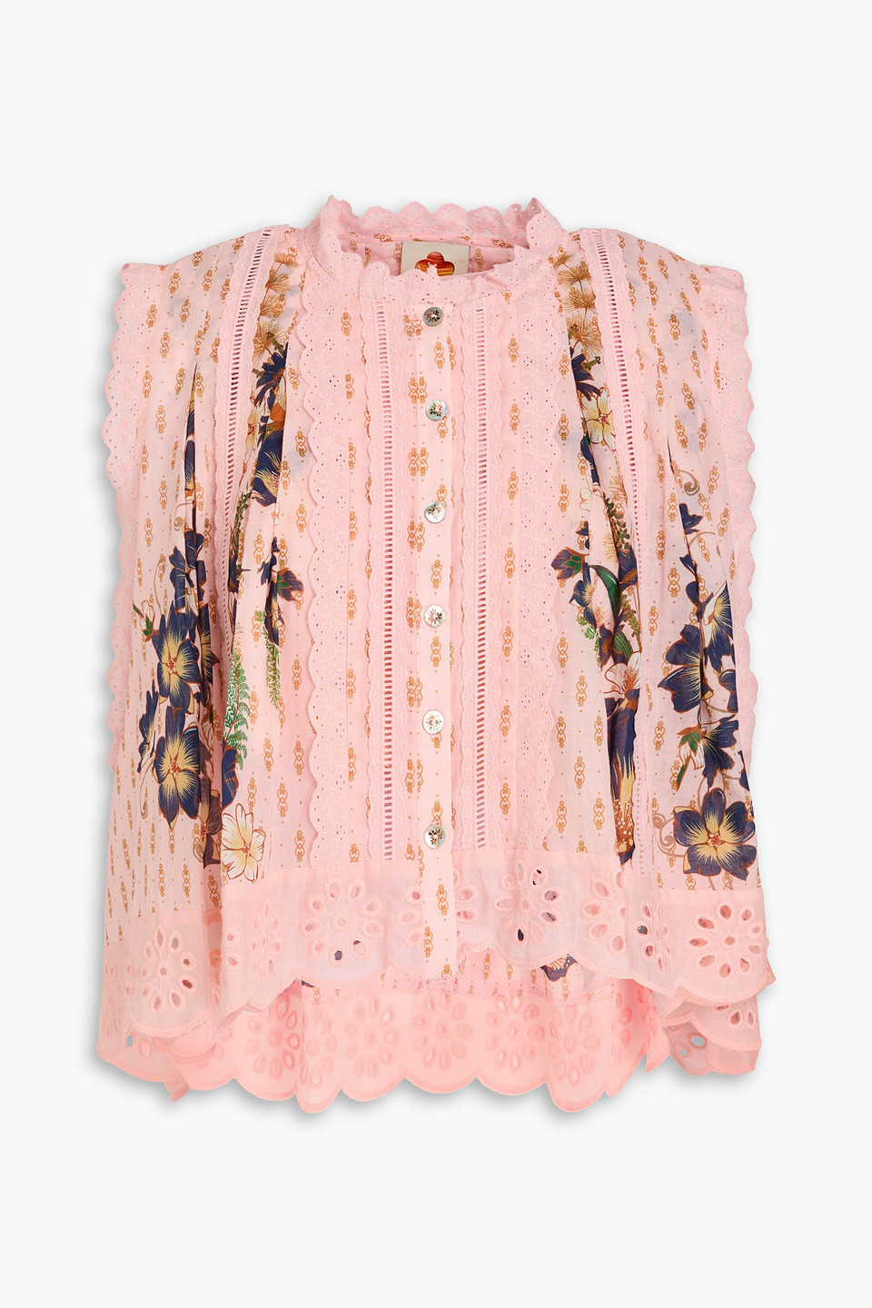 farm rio - floral-print broderie anglaise cotton shirt - pink - xs